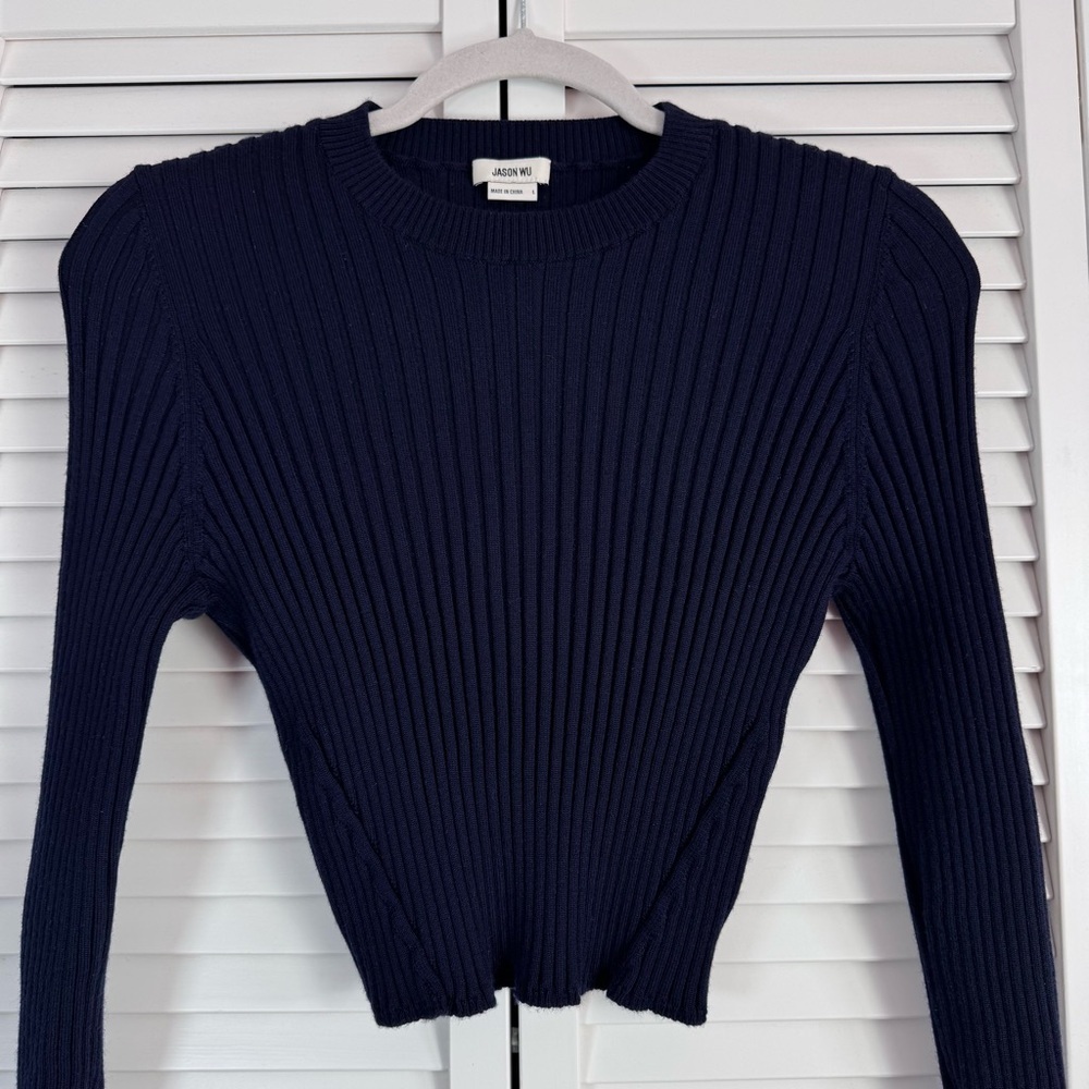 Jason Wu Ribbed Knit Wool Cropped Crew Neck Sweater Top Slim Fit Navy Size Large - Picture 6 of 9